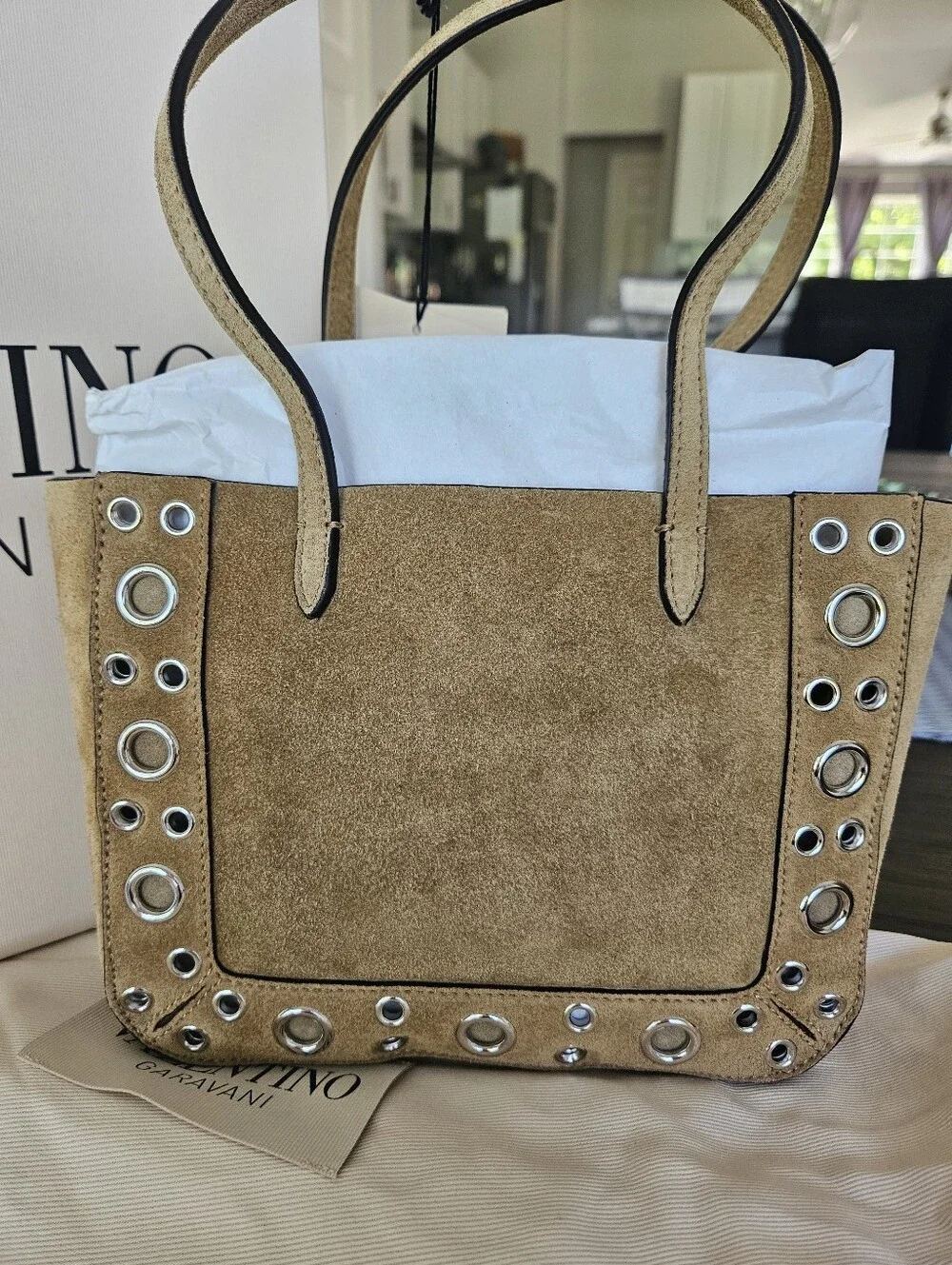 ***SOLD***NWT Valentino Garavani Nellcote Tan Suede Studded Mini Tote - Picture 3 of 6